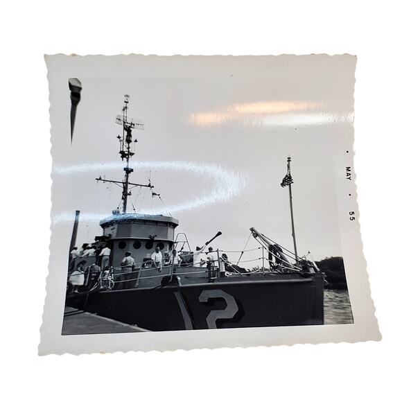 Vtg Lot of 2 Monochrome Docked Ship Photos 1955 Found Snapshot 3.5" x 3.5" - Picture 3 of 6